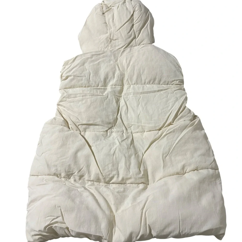 Zara Kids Hooded Puffer Vest Cream Off-White Full Zip Pockets Sz 8-9 Years 130